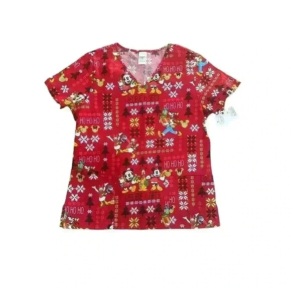 Disney Christmas Scrub Top Red Mickey Pluto Size Medium M Pockets Vneck NWT‎ - Picture 10 of 10